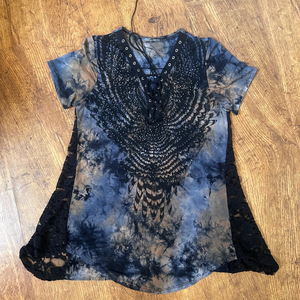 74. Voice of California Tie Dye Lace Up Rhinestone Eagle Top Blue Tan Y2K Edgy
